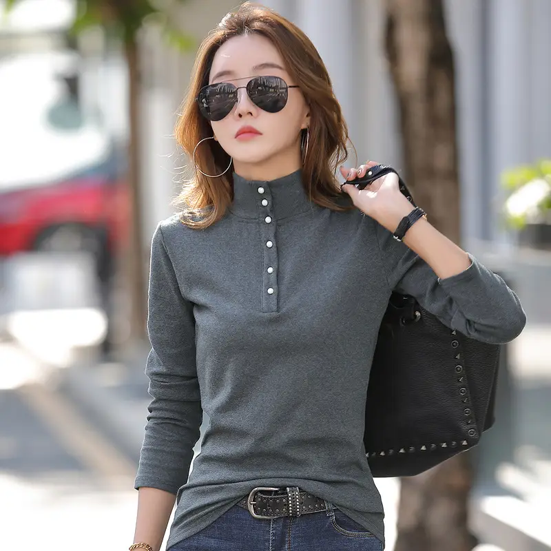 Women's Cotton Collar T-Shirt Brown Long Sleeve