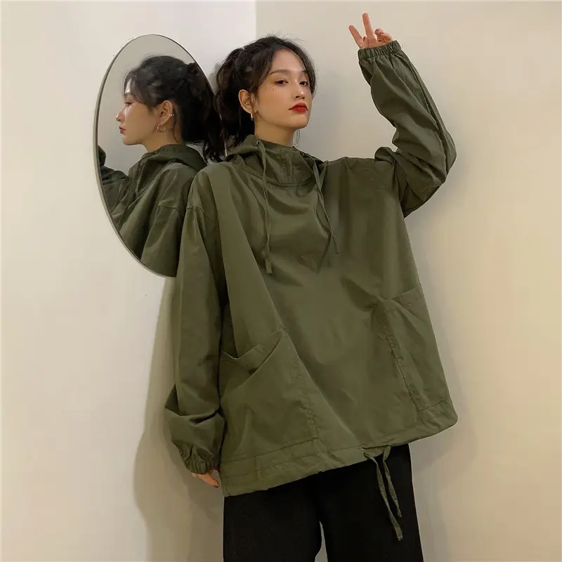 Women's Olive Green Hooded Sweatshirt Long Sleeve - Image 5