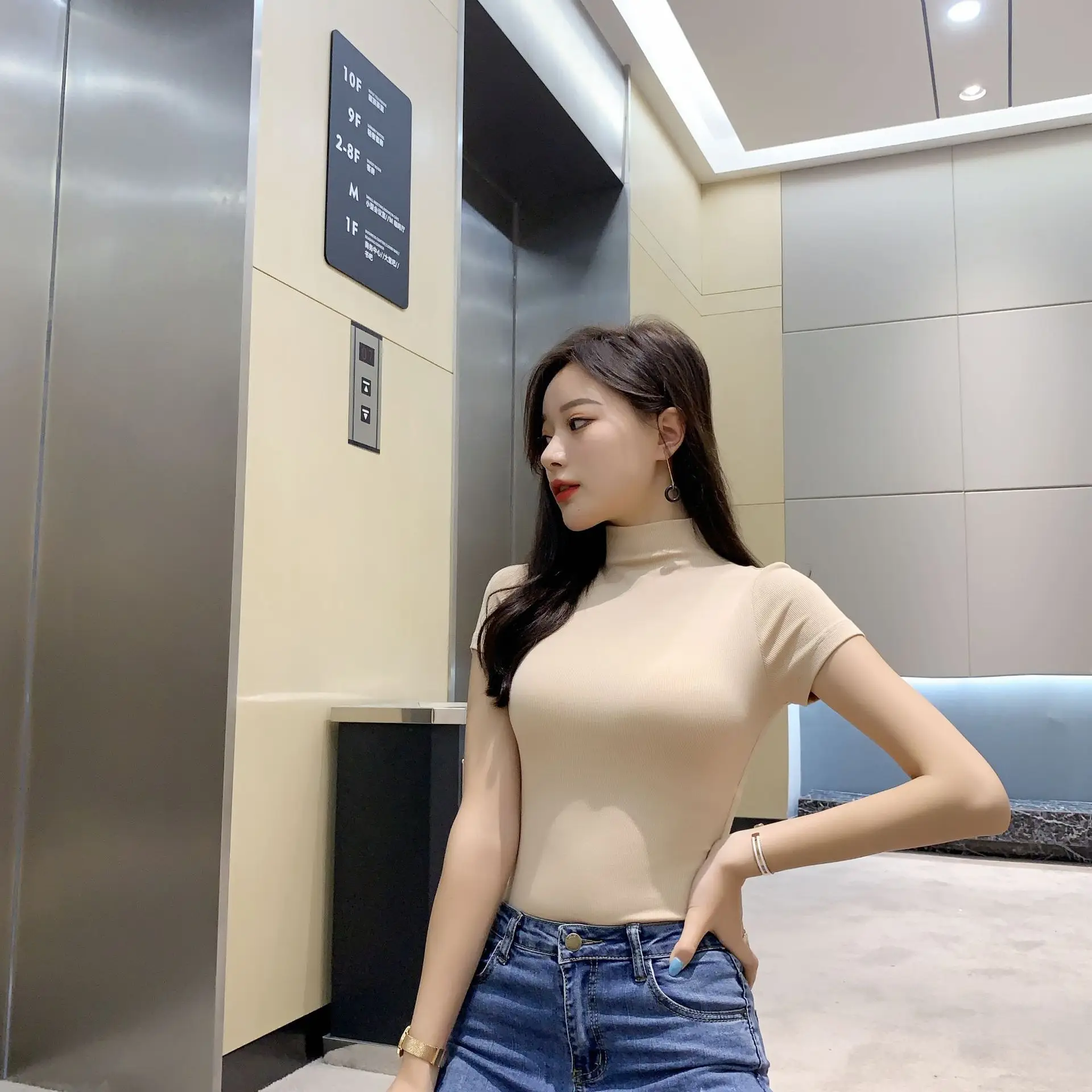 2023 New Women Knitted Solid Neck T-Shirt Beige - Image 6