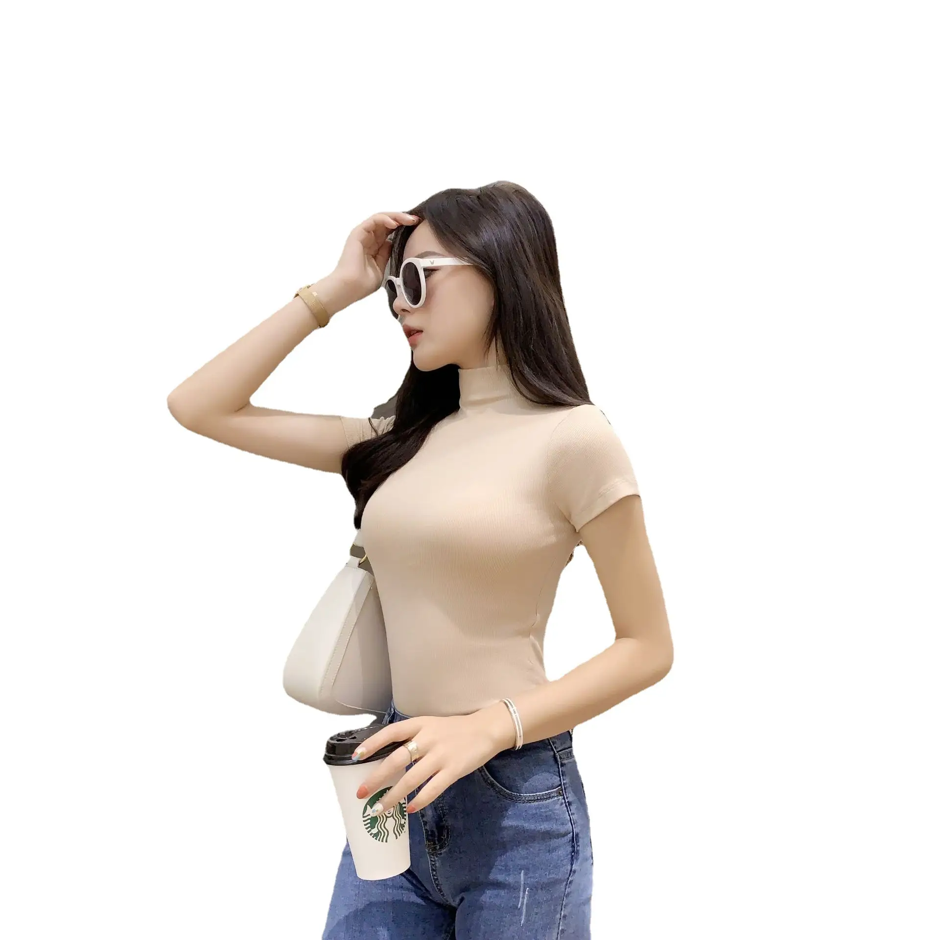 2023 New Women Knitted Solid Neck T-Shirt Beige - Image 8