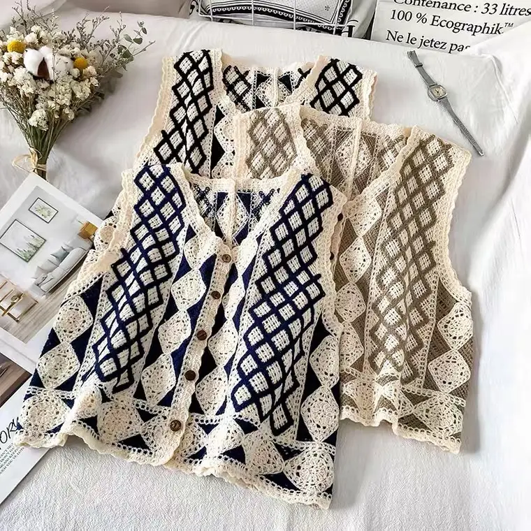 Vintage Diamond Gouted Vest Women's Loose Casual Vest