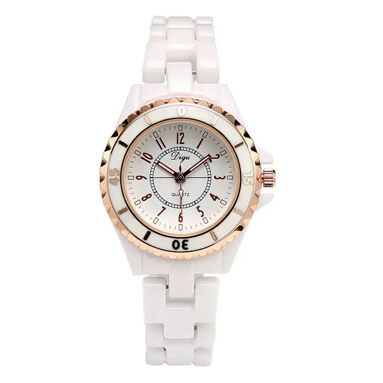Women's White Ceramic Quartz Watch with 6-Second Chronograph
