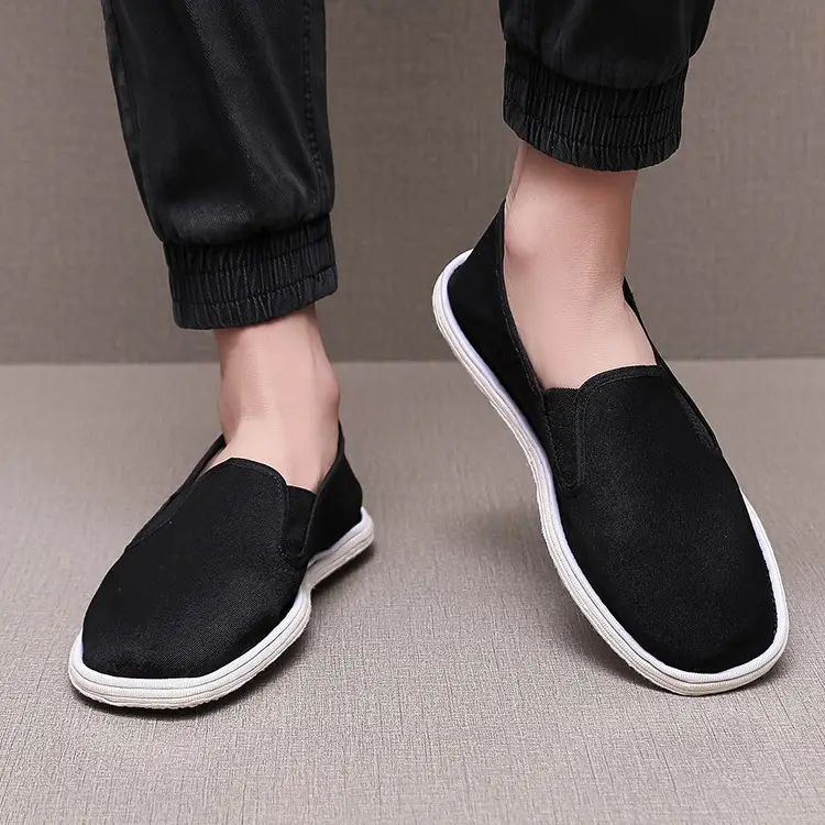 Purely Handmade Men's Old Beijing Cloth Shoes with Thousand-Layer Soles, Retro Chinese Style Linen Soles, Sewn Lazy Shoes, Black Scarf