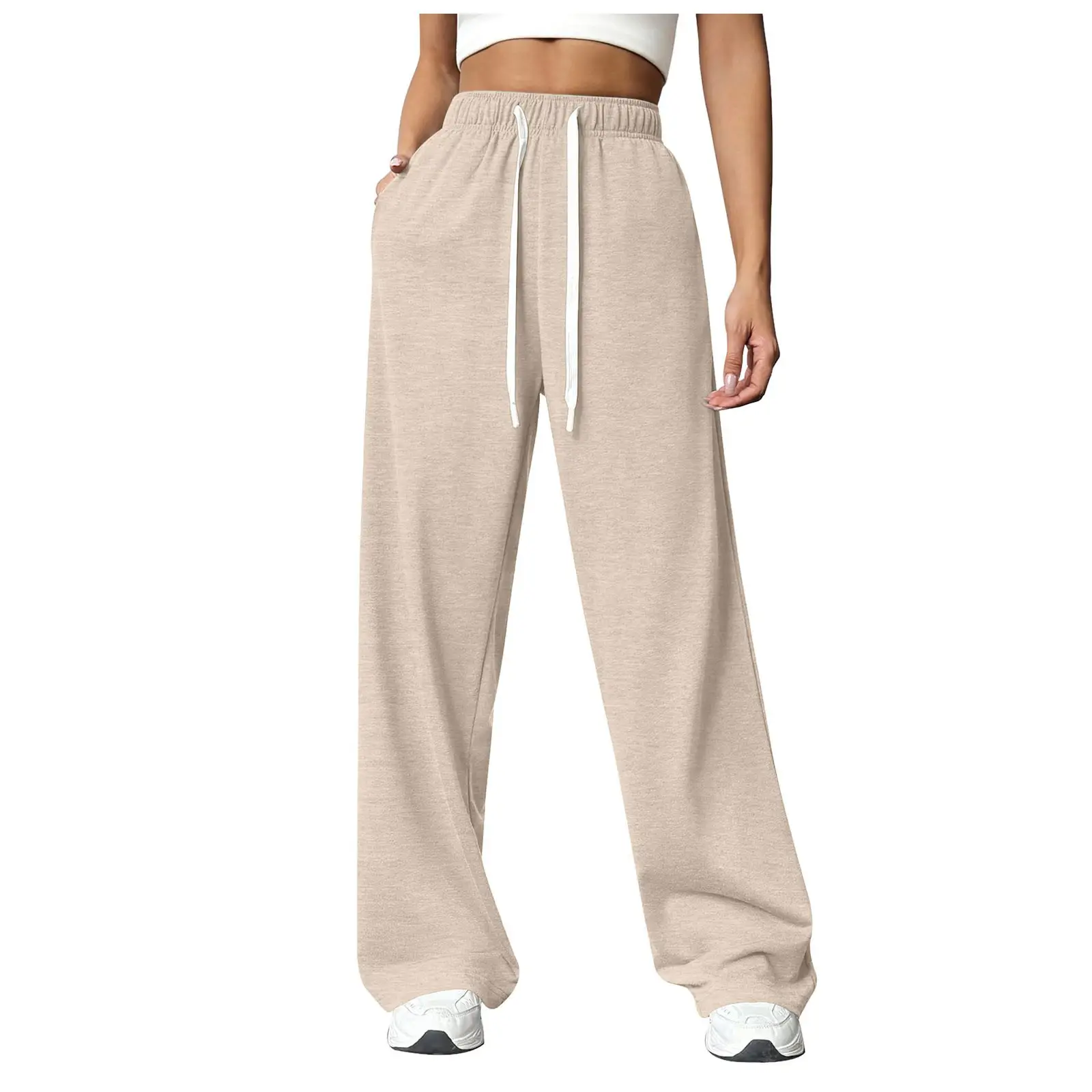 Women Fleece Pants Grey Elastic Waist Wide Leg - Image 2