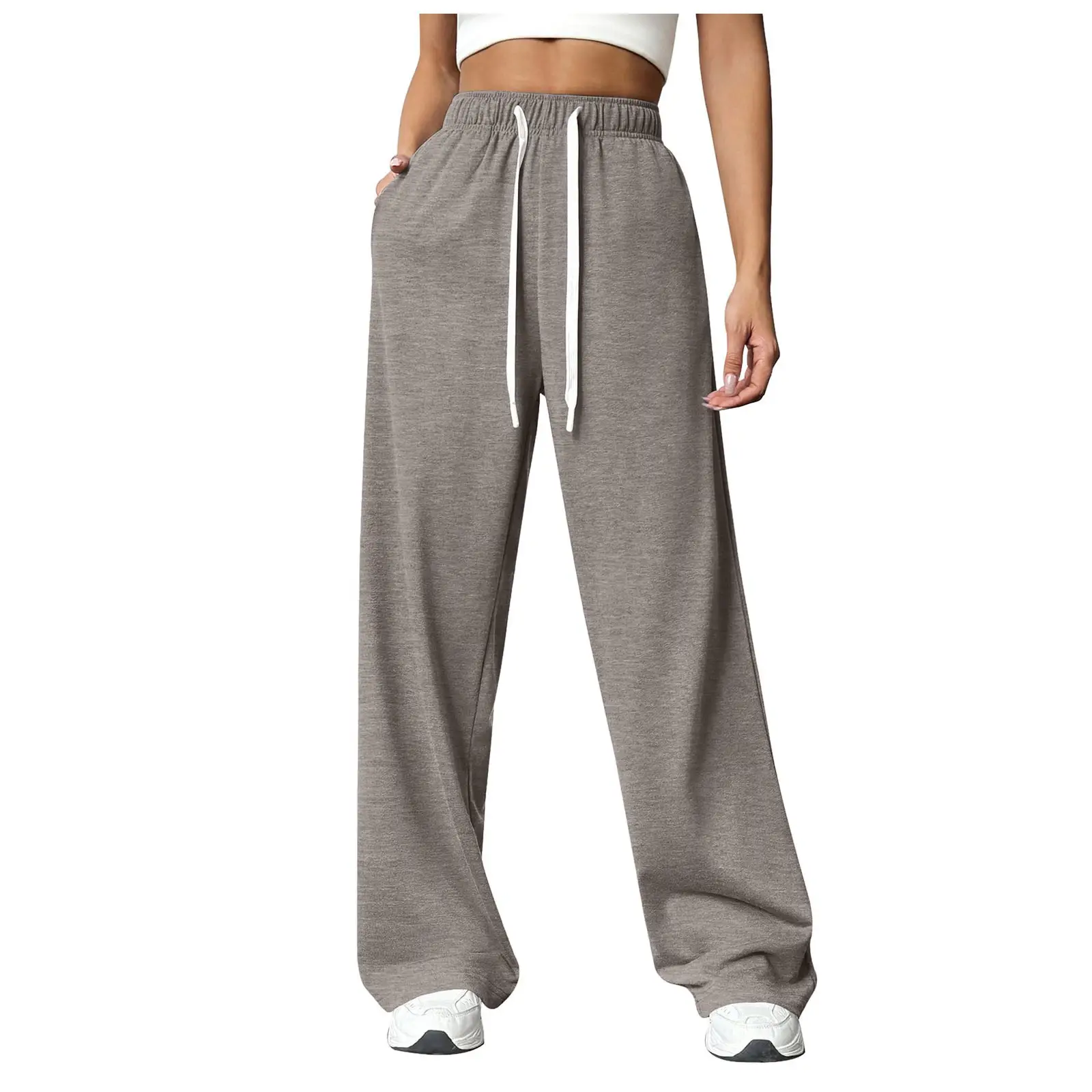 Women Fleece Pants Grey Elastic Waist Wide Leg - Image 7
