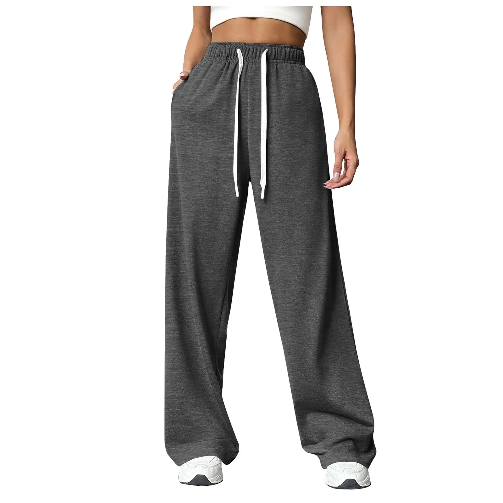 Women Fleece Pants Grey Elastic Waist Wide Leg - Image 4