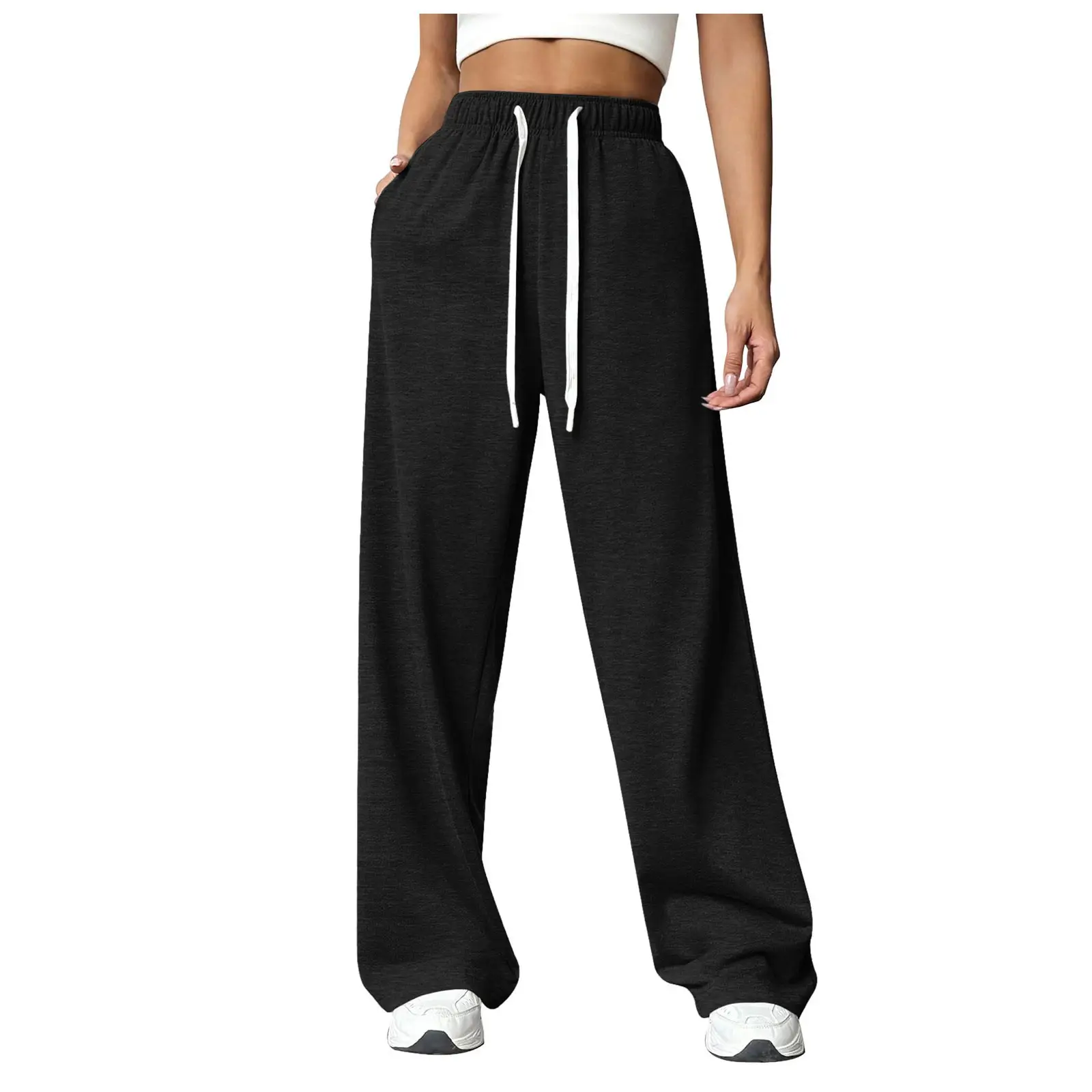 Women Fleece Pants Grey Elastic Waist Wide Leg - Image 6