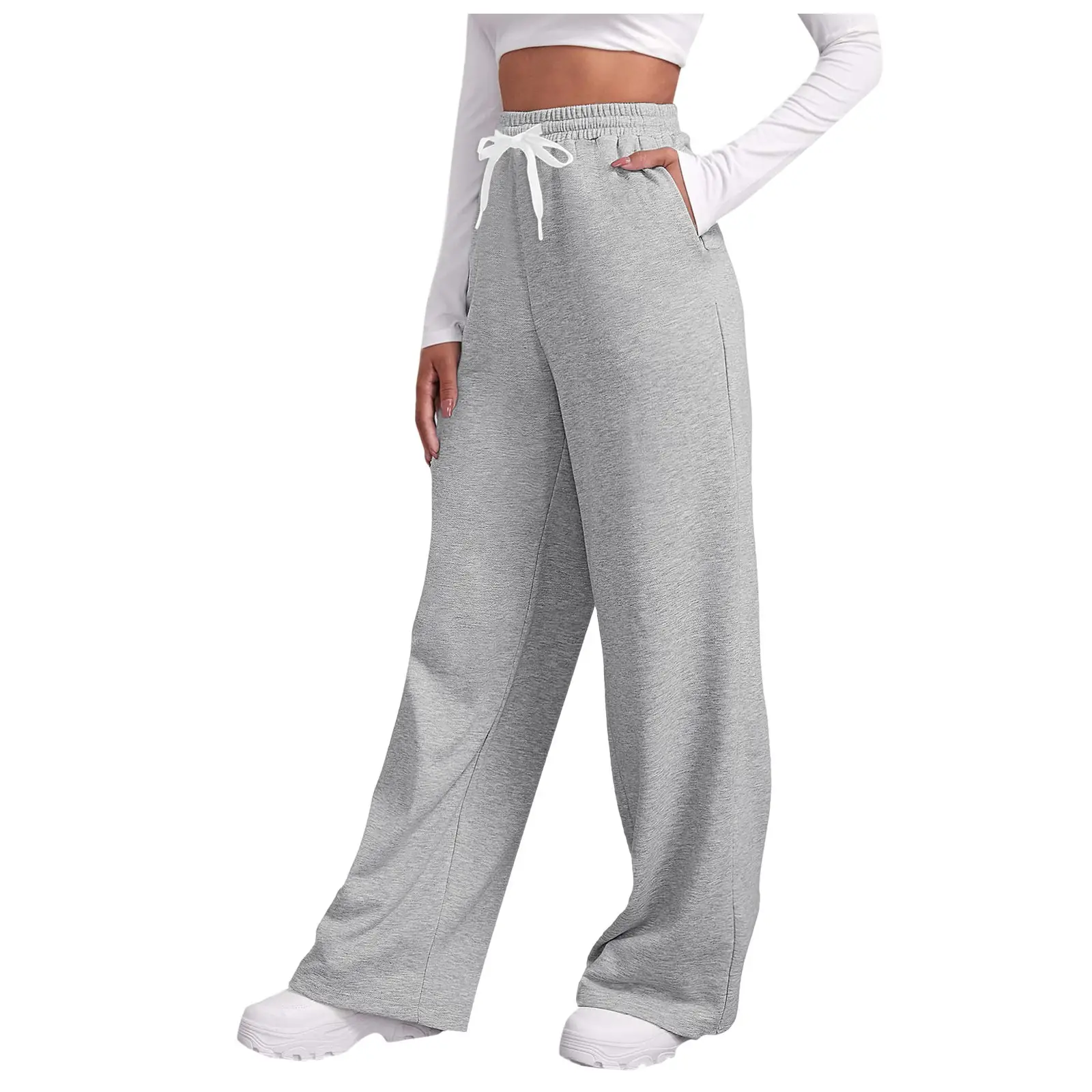 Women Fleece Pants Grey Elastic Waist Wide Leg — feature 13