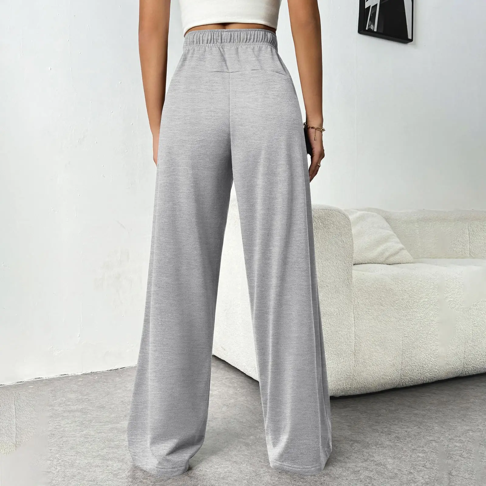 Women Fleece Pants Grey Elastic Waist Wide Leg — feature 14