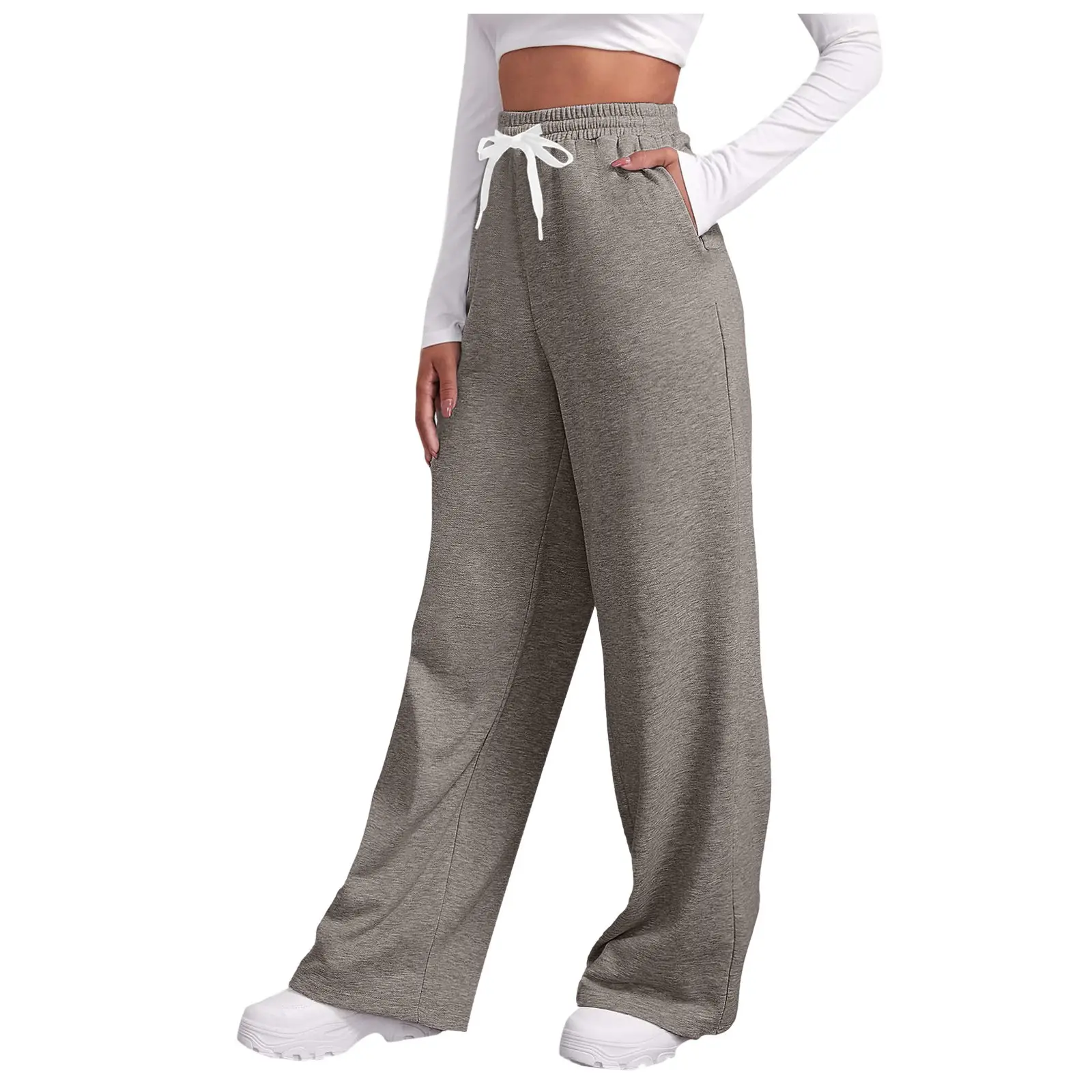 Women Fleece Pants Grey Elastic Waist Wide Leg — feature 18