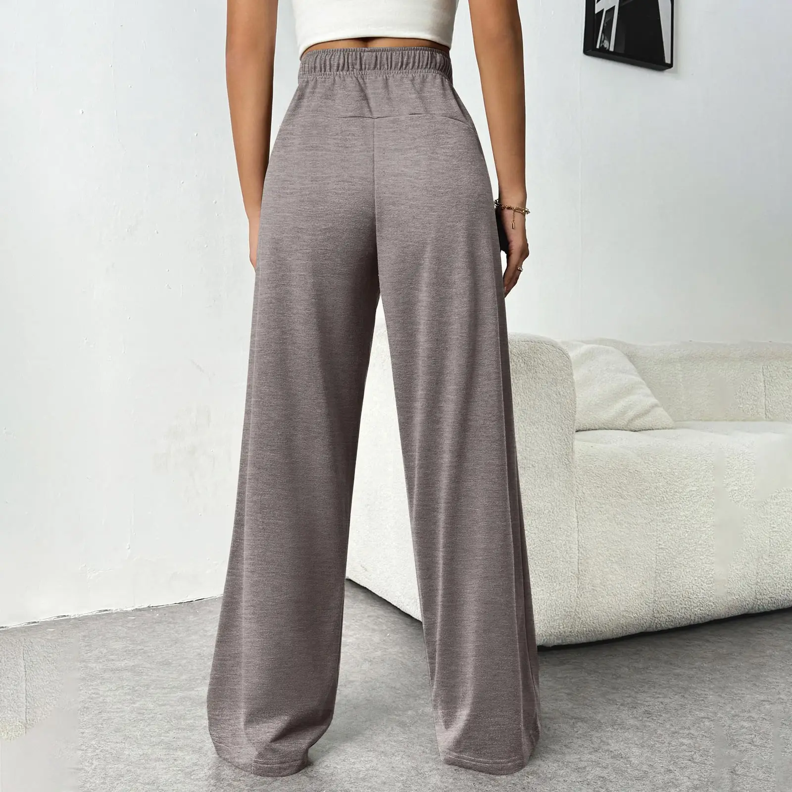 Women Fleece Pants Grey Elastic Waist Wide Leg — feature 19