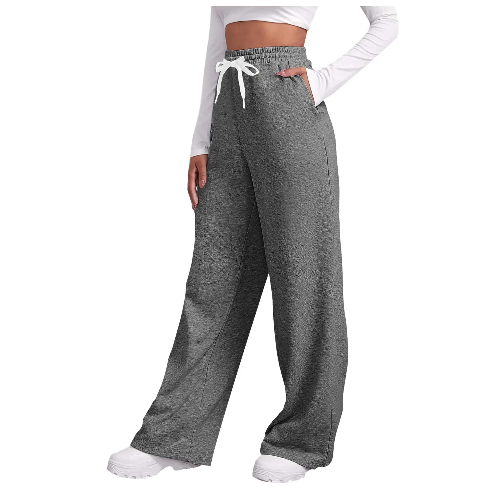 Women Fleece Pants Grey Elastic Waist Wide Leg — feature 23