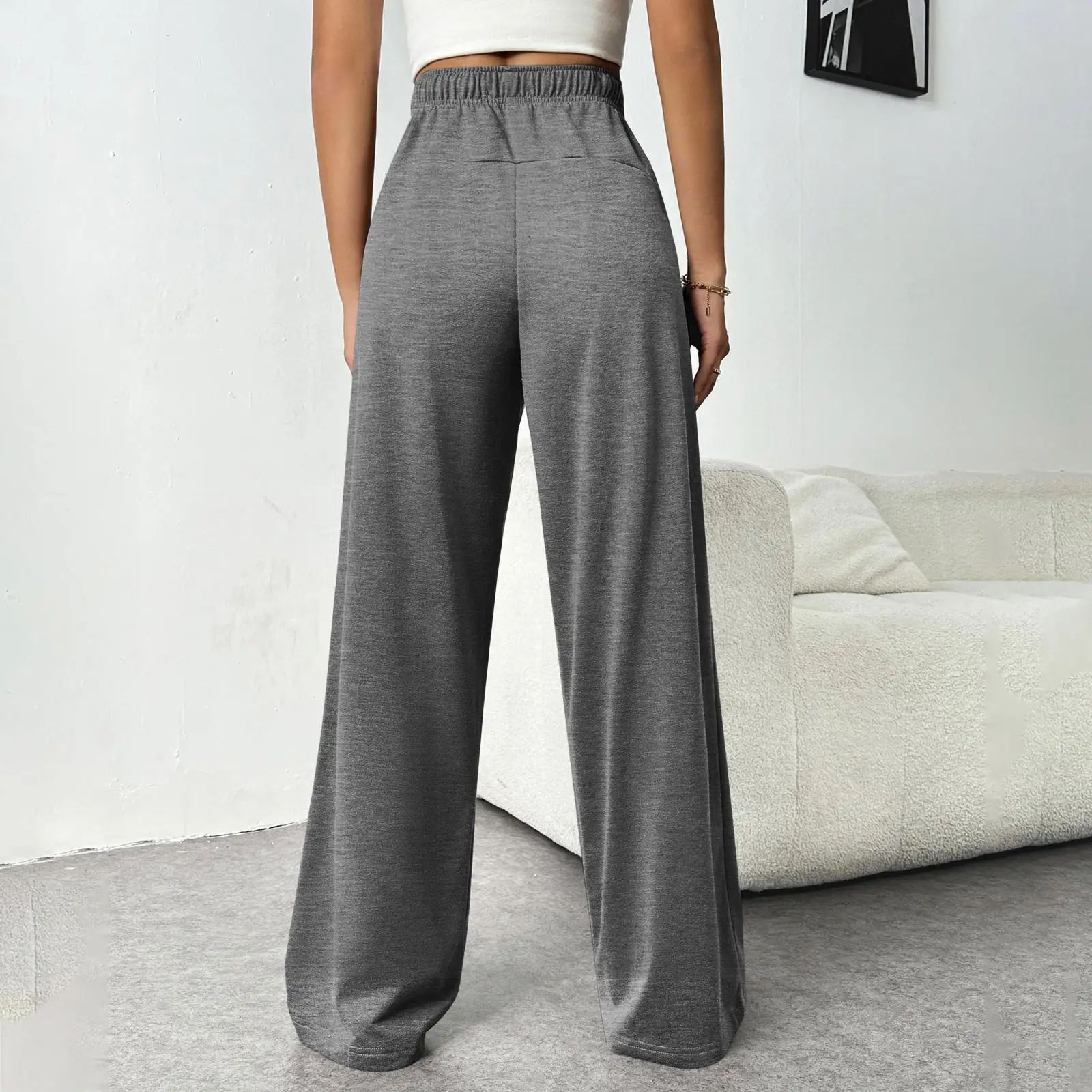 Women Fleece Pants Grey Elastic Waist Wide Leg — feature 24