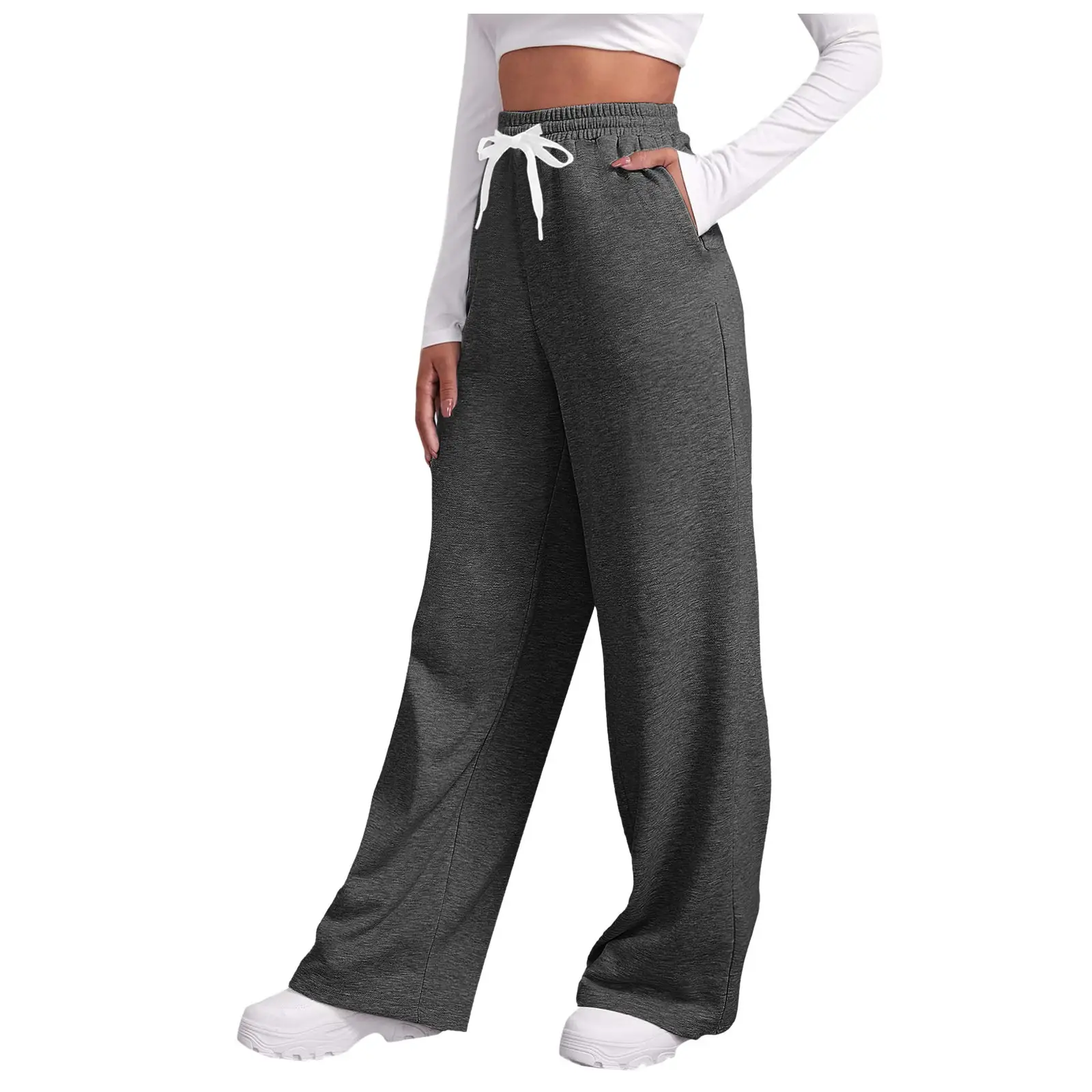 Women Fleece Pants Grey Elastic Waist Wide Leg — feature 28
