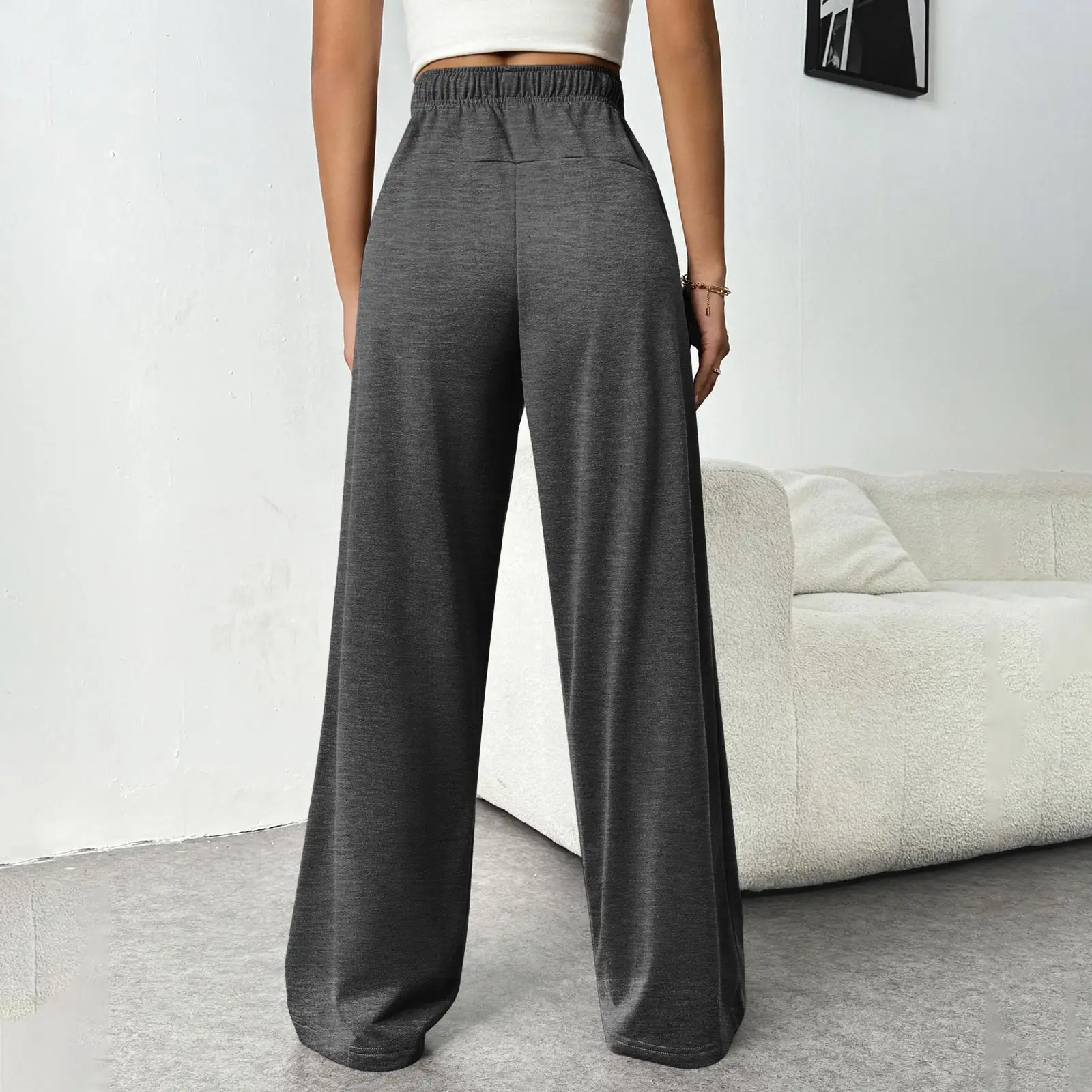 Women Fleece Pants Grey Elastic Waist Wide Leg — feature 29