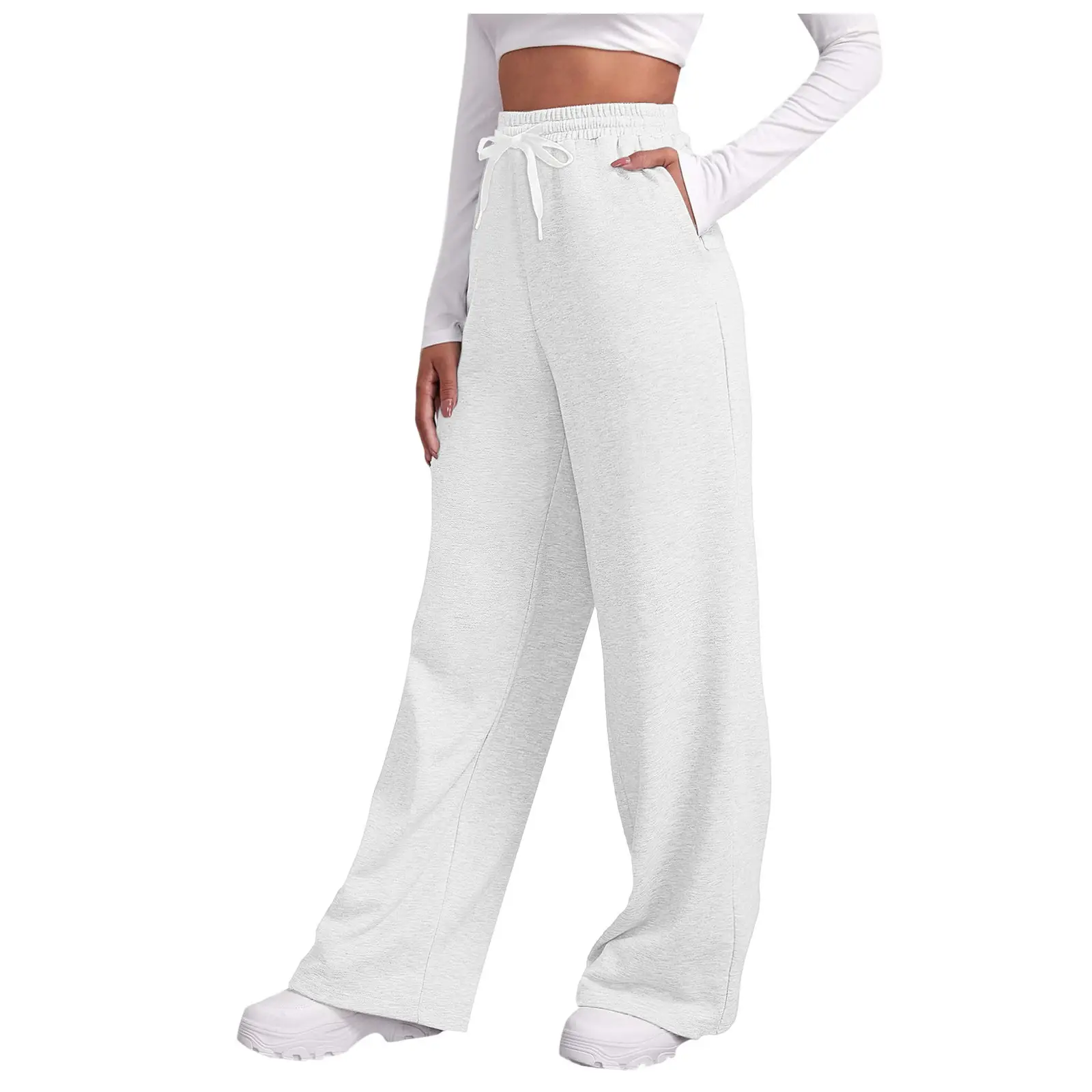 Women Fleece Pants Grey Elastic Waist Wide Leg — feature 3