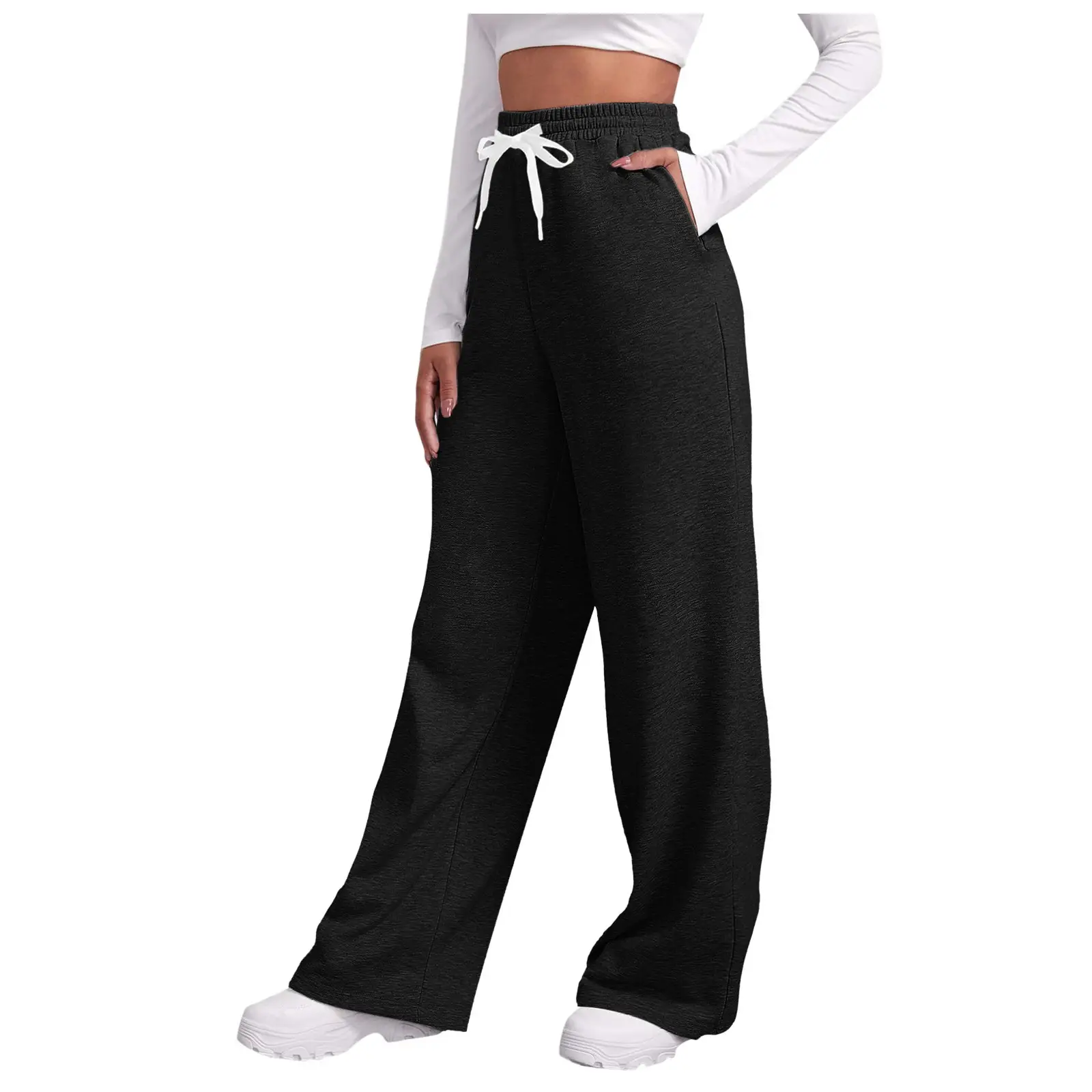 Women Fleece Pants Grey Elastic Waist Wide Leg — feature 33