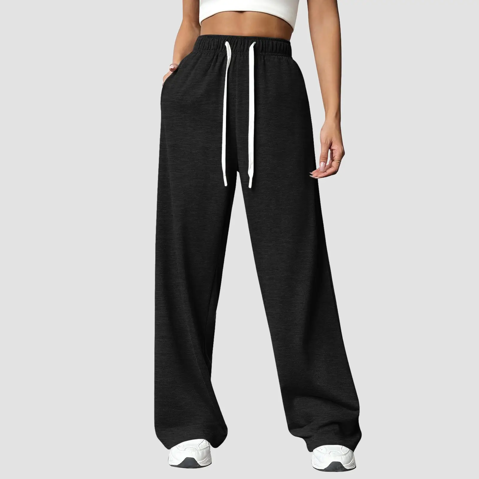 Women Fleece Pants Grey Elastic Waist Wide Leg — feature 34