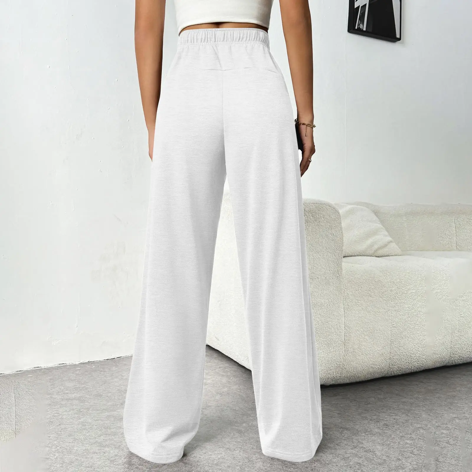 Women Fleece Pants Grey Elastic Waist Wide Leg — feature 4