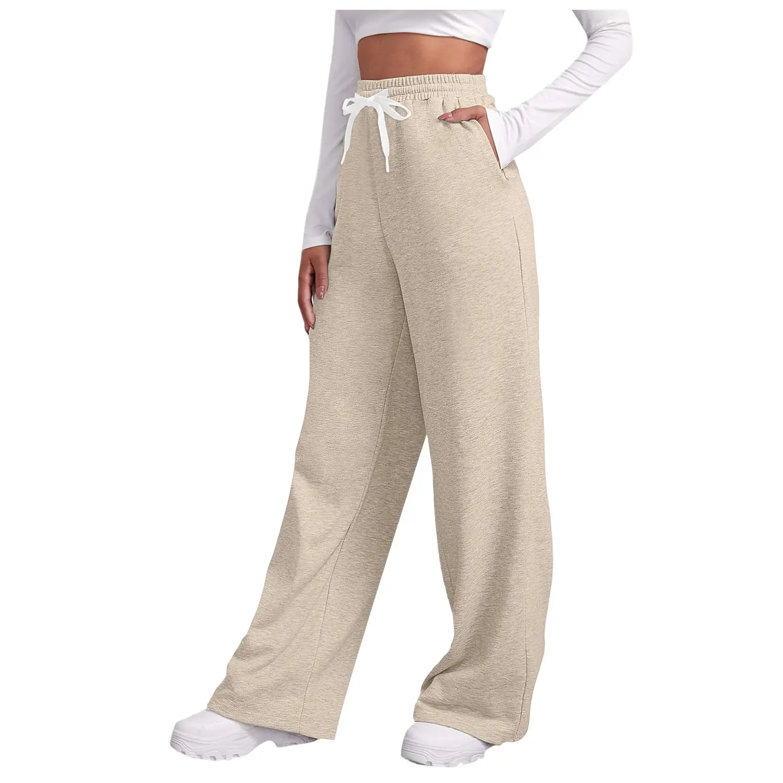 Women Fleece Pants Grey Elastic Waist Wide Leg — feature 8