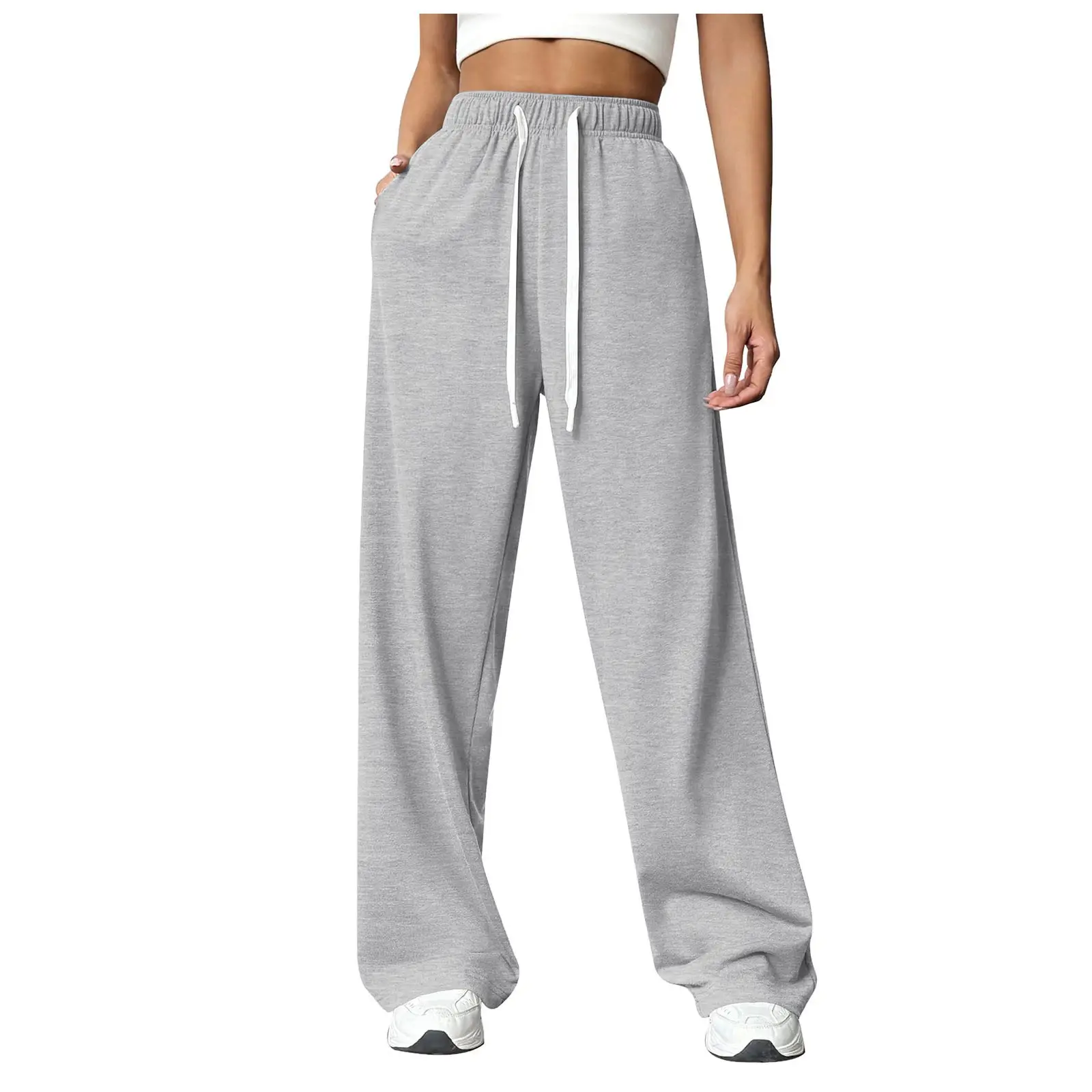 Women Fleece Pants Grey Elastic Waist Wide Leg - Image 3