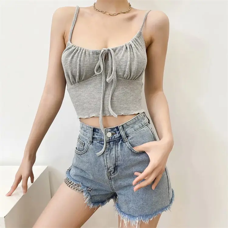 Gray Drawstring Lace-Up Vest with High Waist Navel Sling - Image 11