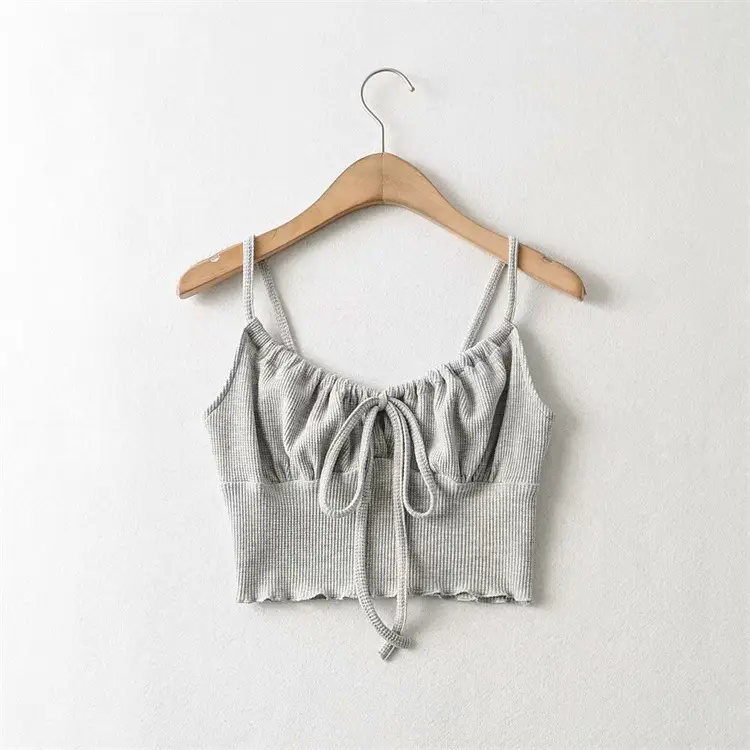 Gray Drawstring Lace-Up Vest with High Waist Navel Sling - Image 2