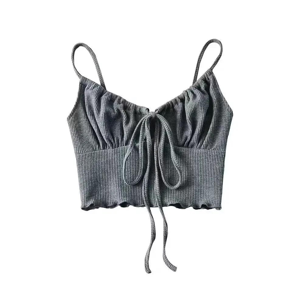 Gray Drawstring Lace-Up Vest with High Waist Navel Sling - Image 7