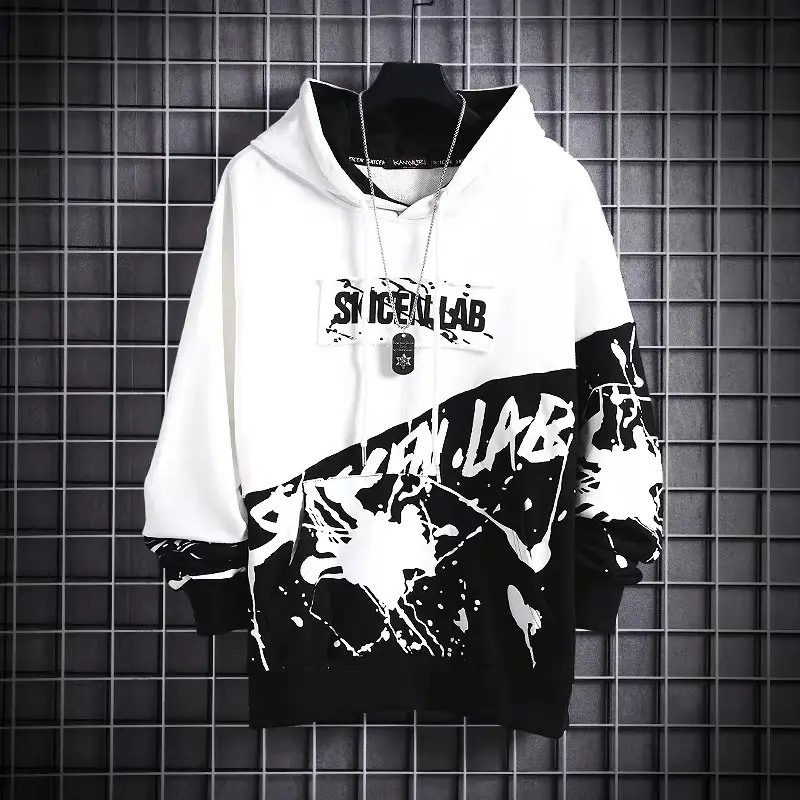 Japanese Hip-Hop Hooded Sweater Men Black White Graphic Long Sleeve - Image 7