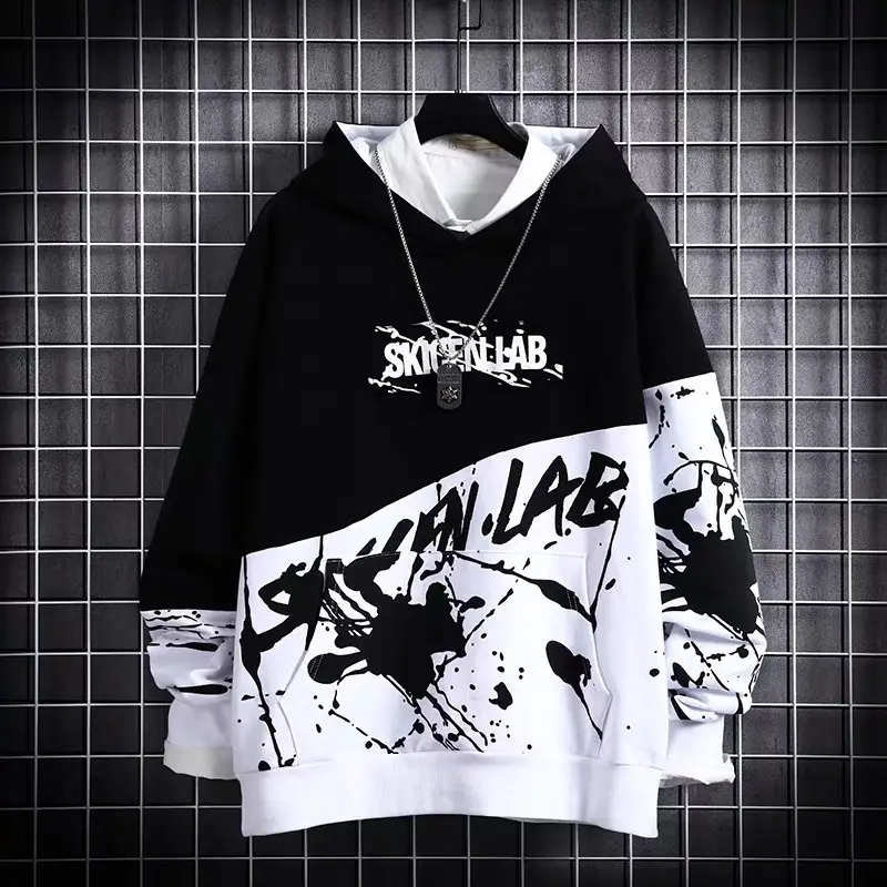 Japanese Hip-Hop Hooded Sweater Men Black White Graphic Long Sleeve - Image 3