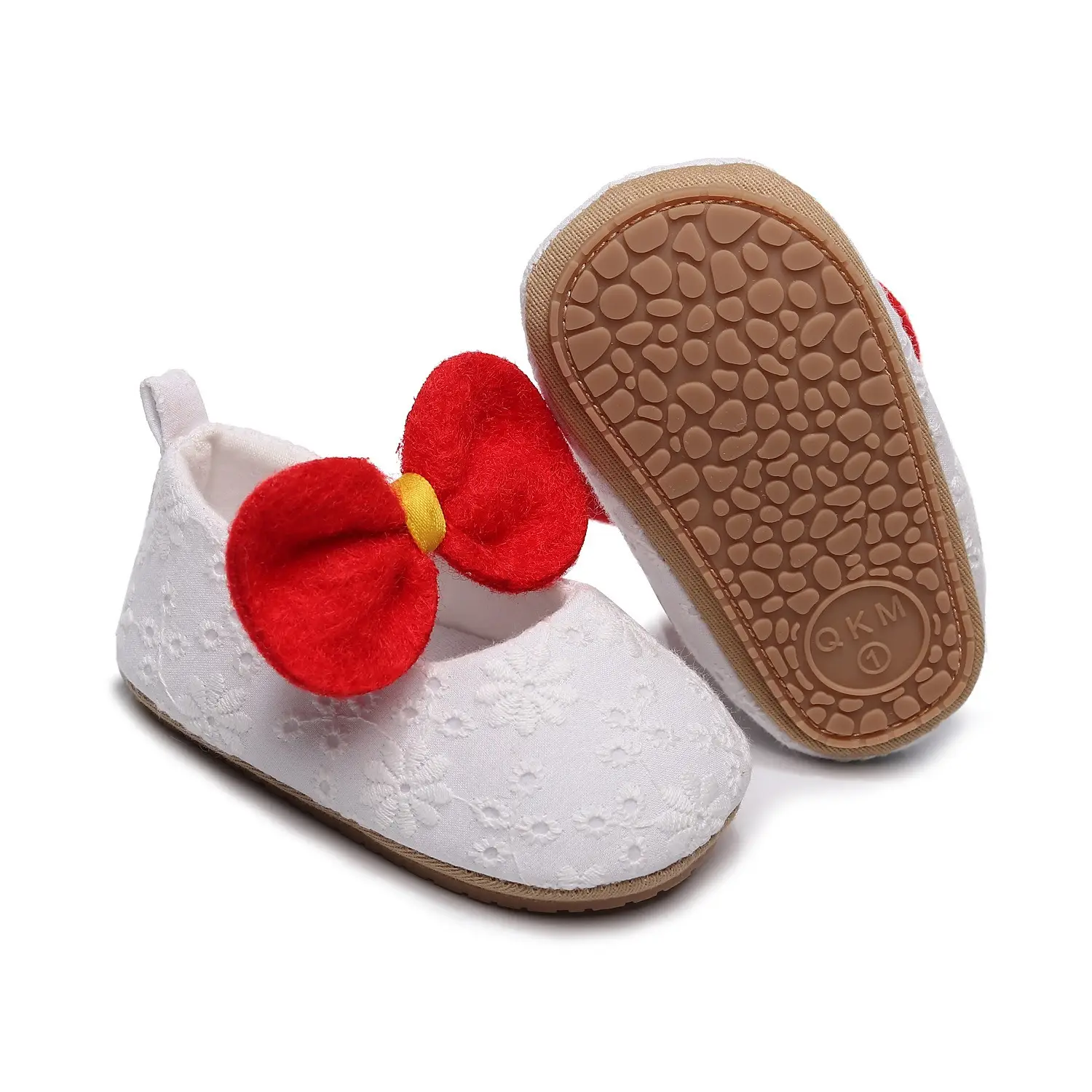 White Cotton Slip-On Shoes for Girls with Red Flower Decor