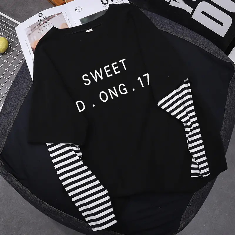 Fake Two-Piece Women's T-Shirt Long Sleeve Zebra Print Pink Smile Design - Image 39