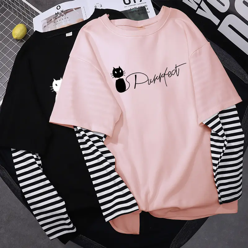 Fake Two-Piece Women's T-Shirt Long Sleeve Zebra Print Pink Smile Design - Image 40