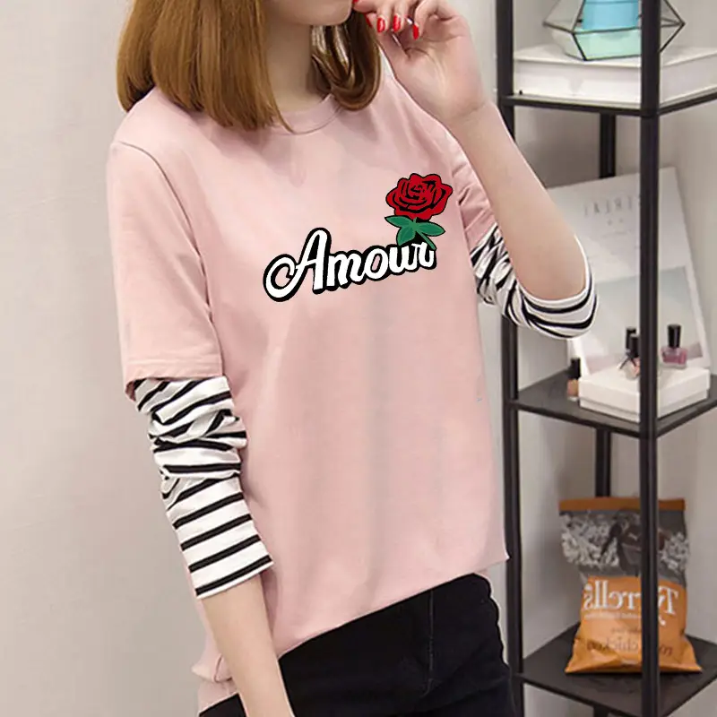 Fake Two-Piece Women's T-Shirt Long Sleeve Zebra Print Pink Smile Design - Image 26