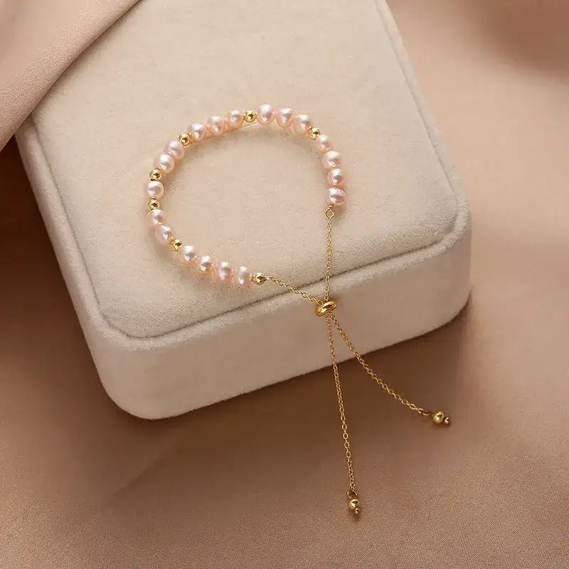 Pink Pearl Bracelet 18K Gold Free Adjustable Small - Image 3