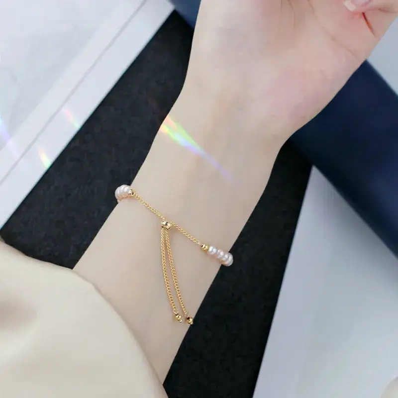 Pink Pearl Bracelet 18K Gold Free Adjustable Small - Image 4