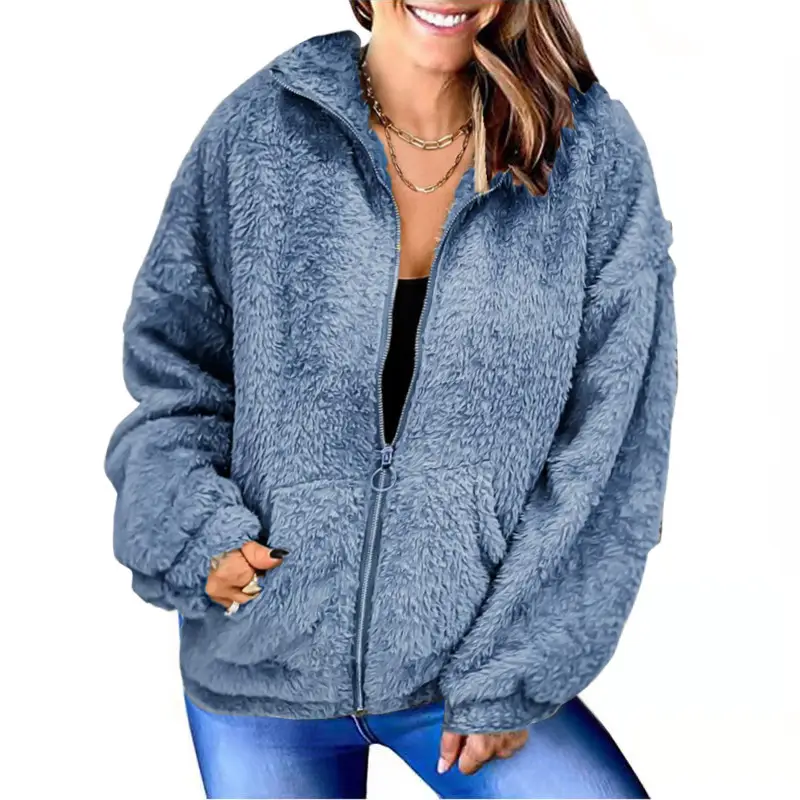 Women's Plush Fleece Jacket Blue Winter Coat - Image 5