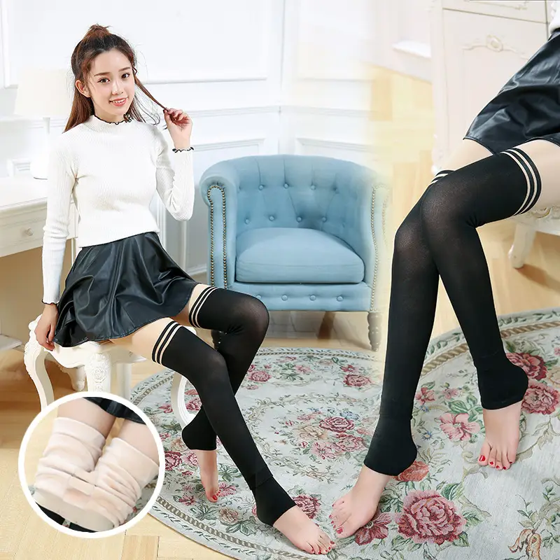 Women Fleece Knee High Leggings Black Striped - Image 5