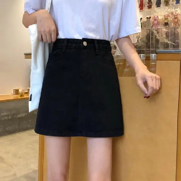 Women High Waist Slimming Denim Skirt Black A-Line - Image 5