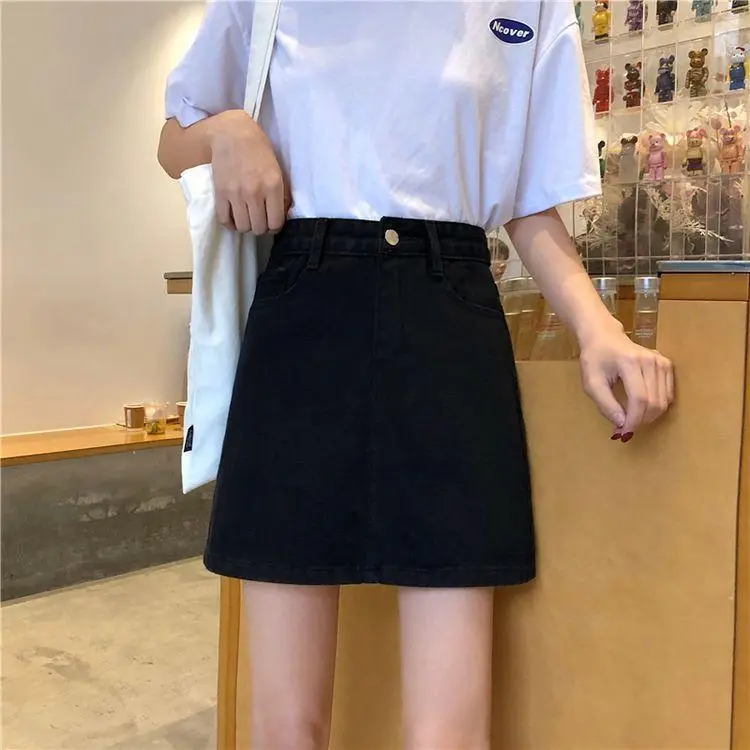Women High Waist Slimming Denim Skirt Black A-Line — feature 3