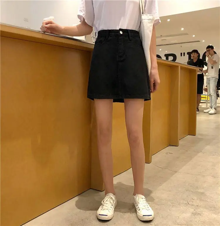 Women High Waist Slimming Denim Skirt Black A-Line — feature 4