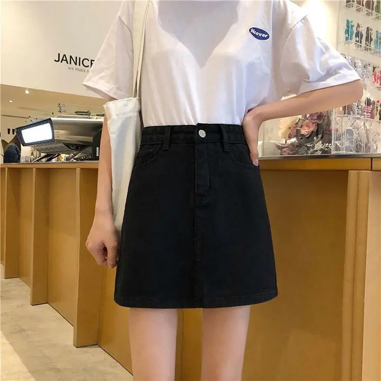 Women High Waist Slimming Denim Skirt Black A-Line — feature 7