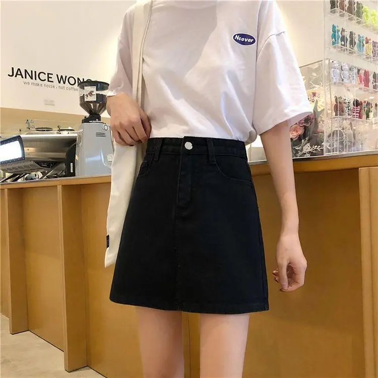 Women High Waist Slimming Denim Skirt Black A-Line — feature 8