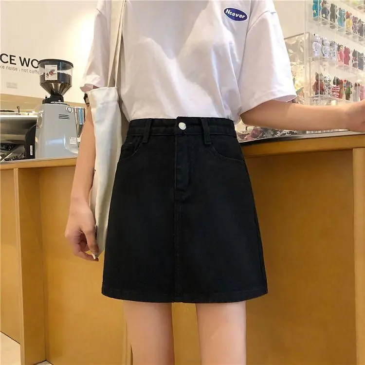 Women High Waist Slimming Denim Skirt Black A-Line — feature 9
