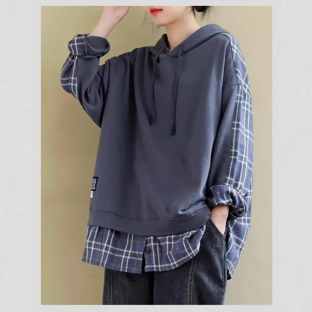 Women's Purple Hooded Sweatshirt with Plaid Shirt - Image 2