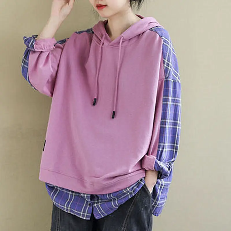 Women's Purple Hooded Sweatshirt with Plaid Shirt - Image 4