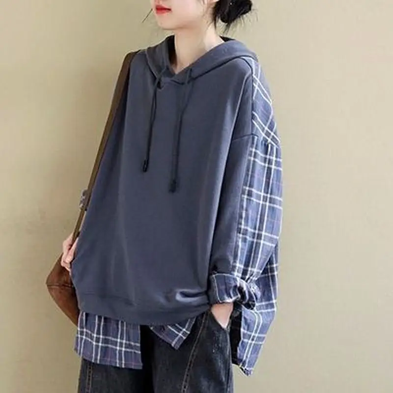 Women's Purple Hooded Sweatshirt with Plaid Shirt - Image 5