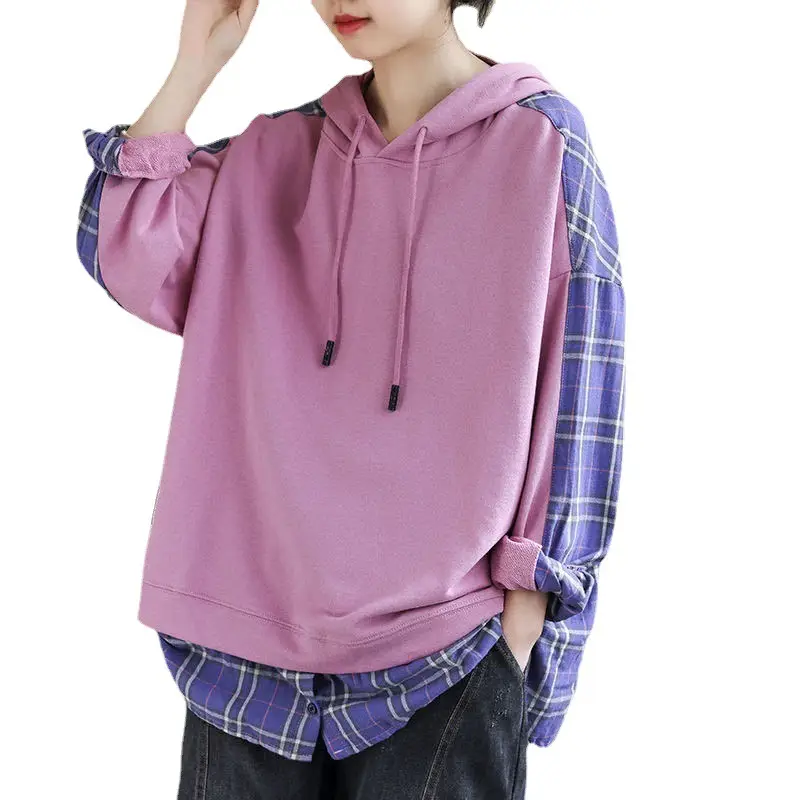 Women's Purple Hooded Sweatshirt with Plaid Shirt - Image 6