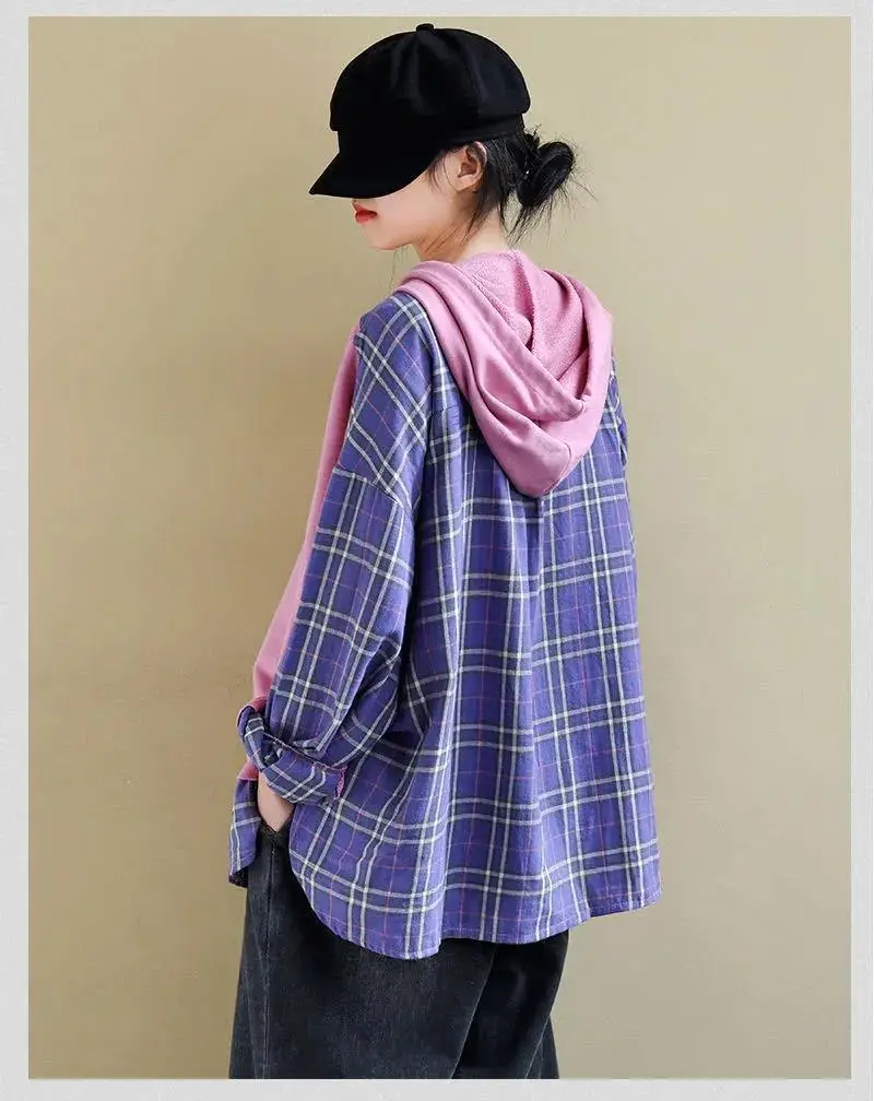 Women's Purple Hooded Sweatshirt with Plaid Shirt — feature 10