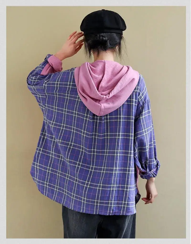 Women's Purple Hooded Sweatshirt with Plaid Shirt — feature 11